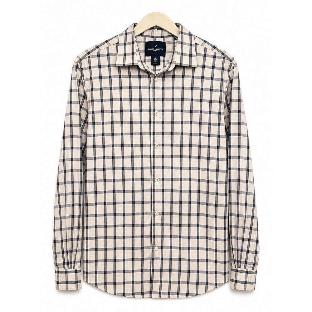 Daniel Hechter Men's Dress Shirt L Regular Beige/Blue Check Cotton Spread 32/33